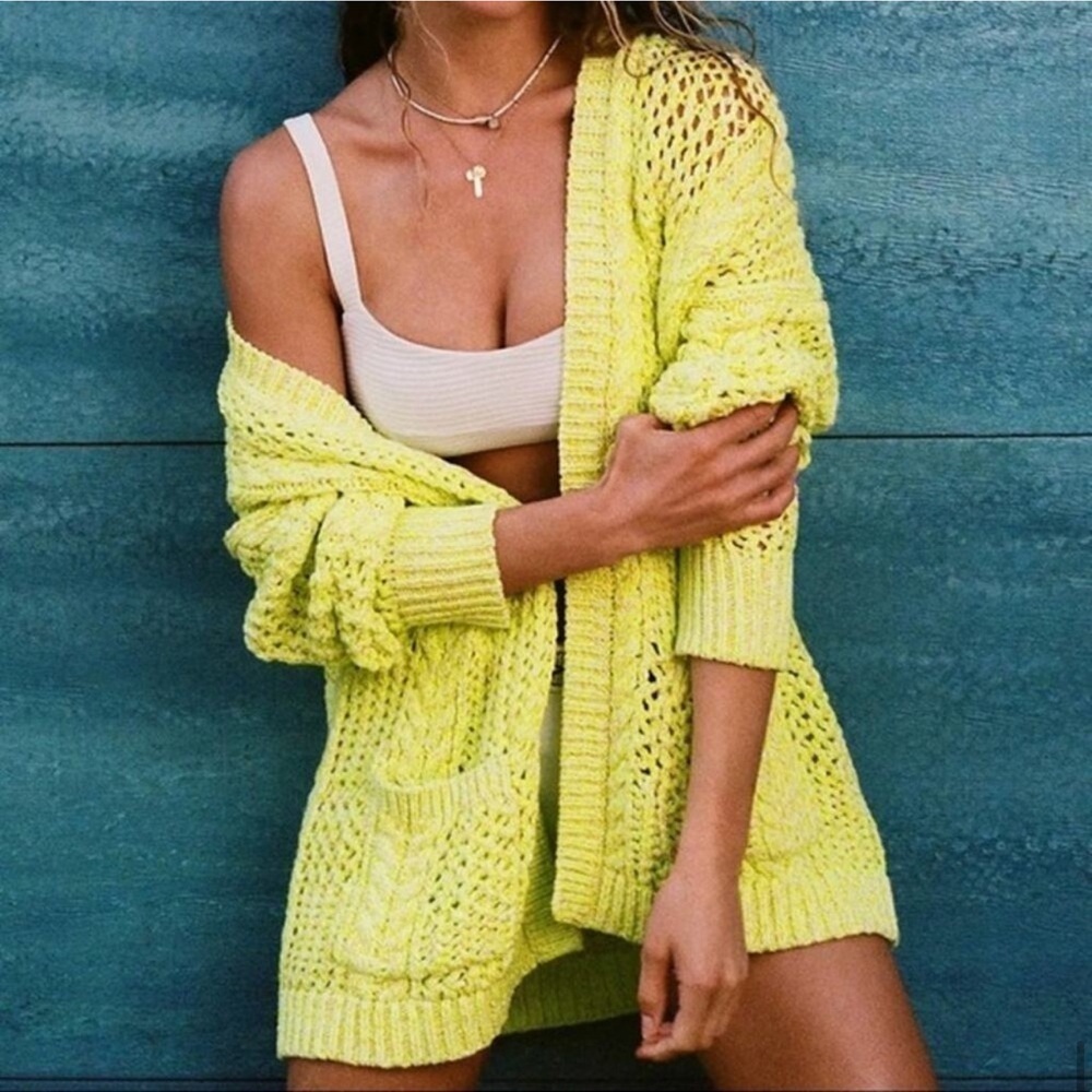Anthropologie Serenity Open Cardigan Knit Sweater Lime Yellow Green XS/S